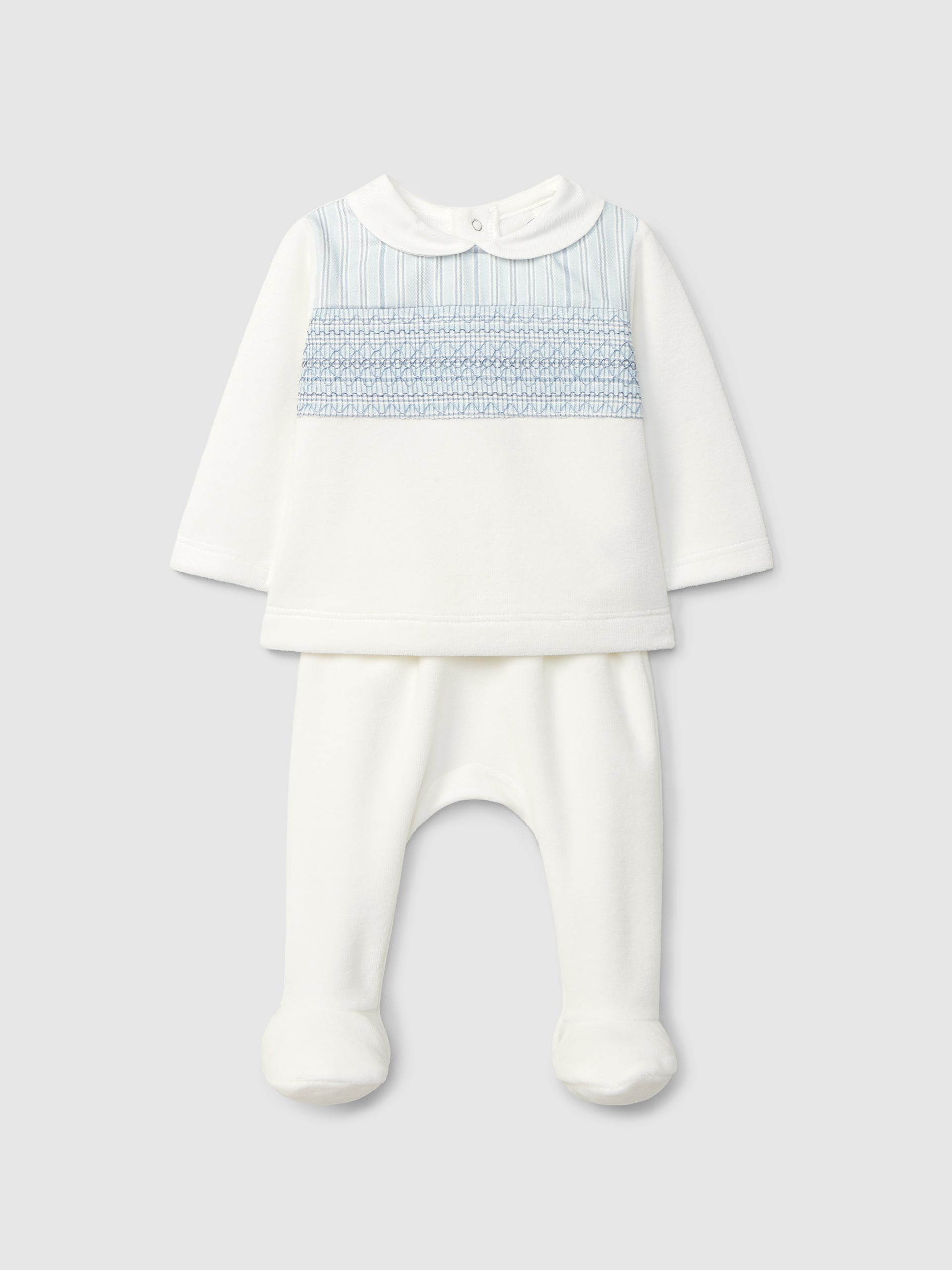 Laranjinha Blue 2pc set smocking detail I6549
