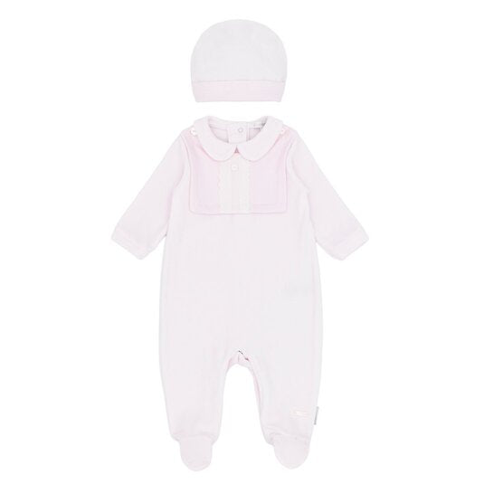 Girls Pink Velour Babygrow with Bib and Hat
