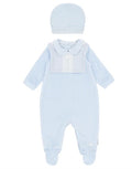 Boys Blue Velour All-in-One with Bib and Hat