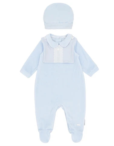 Boys Blue Velour All-in-One with Bib and Hat
